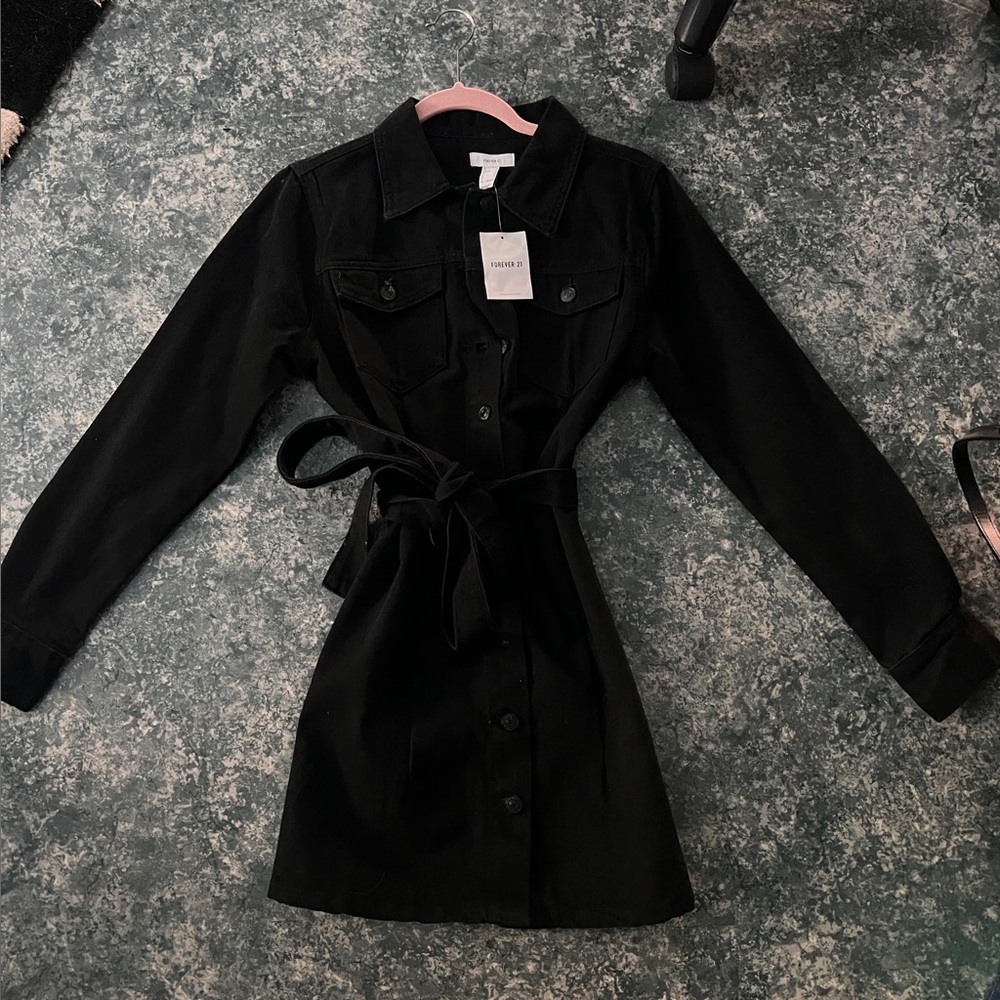 Forever 21 Black Denim Button-Up Dress with Belt